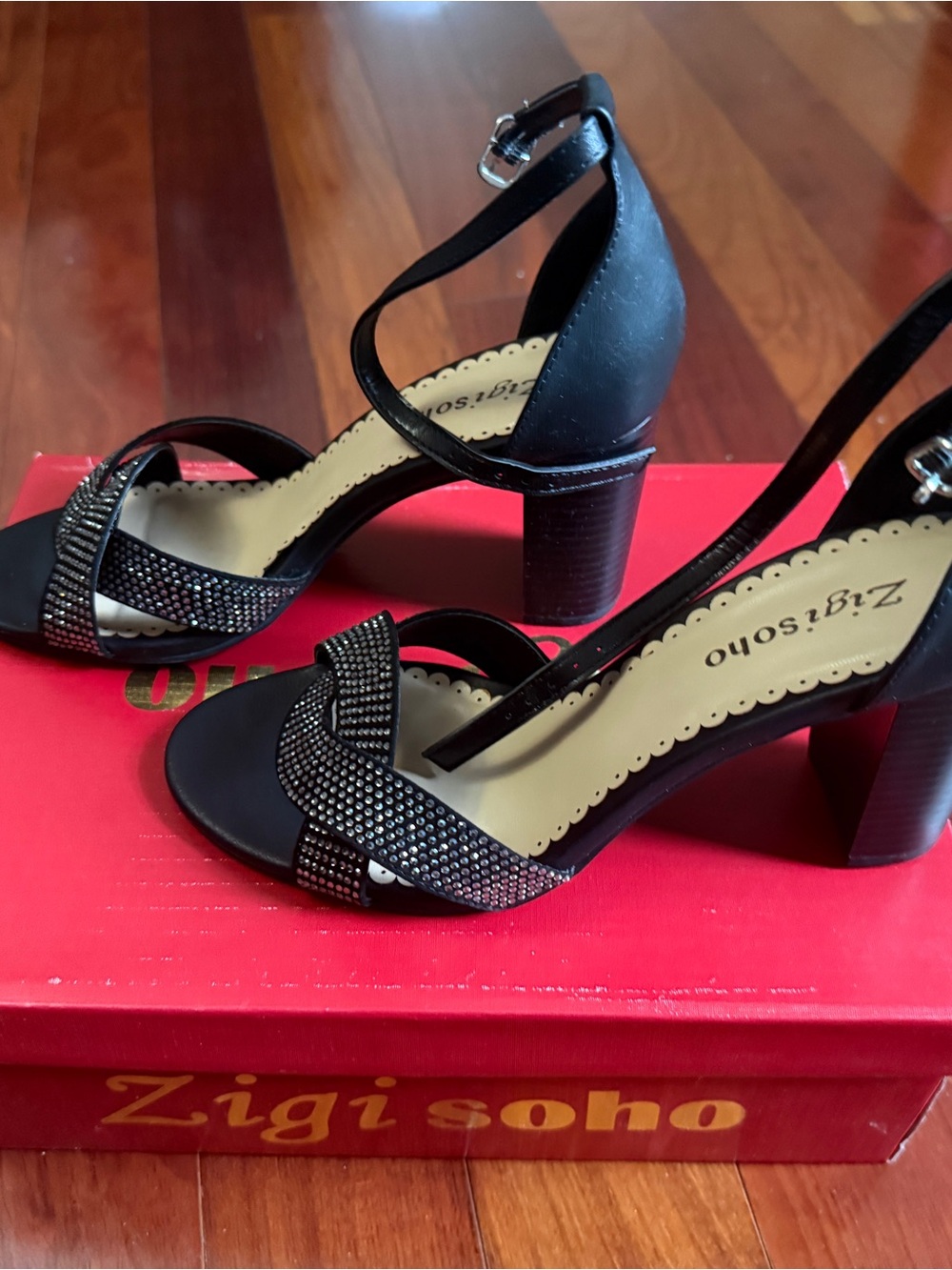 Zigi Soho Black Rhinestone Ankle-Strap Open-Toe Heels